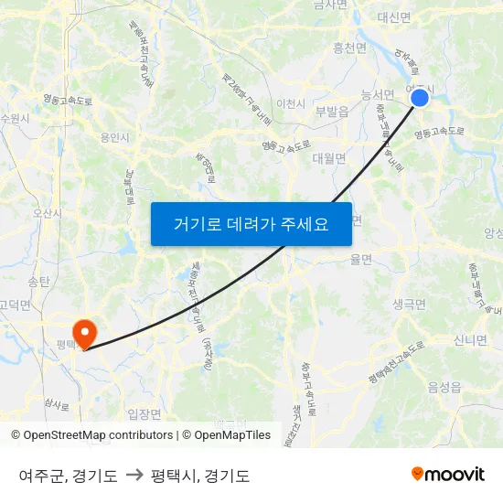 여주군, 경기도 to 평택시, 경기도 map