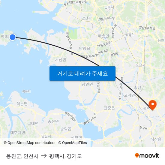 옹진군, 인천시 to 평택시, 경기도 map