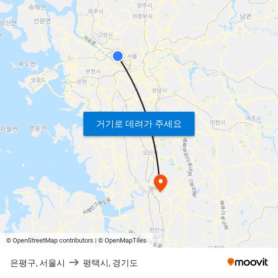 은평구, 서울시 to 평택시, 경기도 map