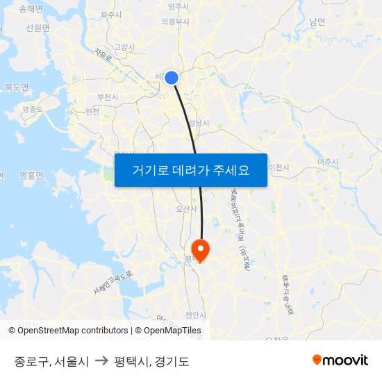 종로구, 서울시 to 평택시, 경기도 map