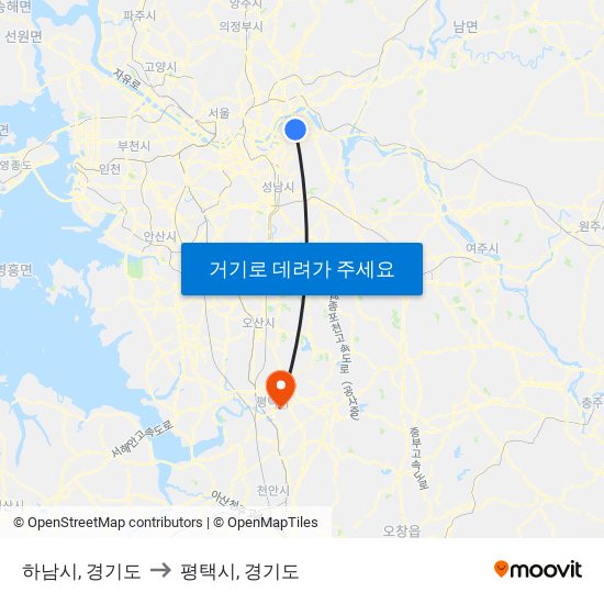하남시, 경기도 to 평택시, 경기도 map