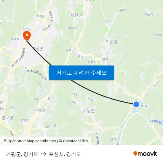 가평군, 경기도 to 포천시, 경기도 map