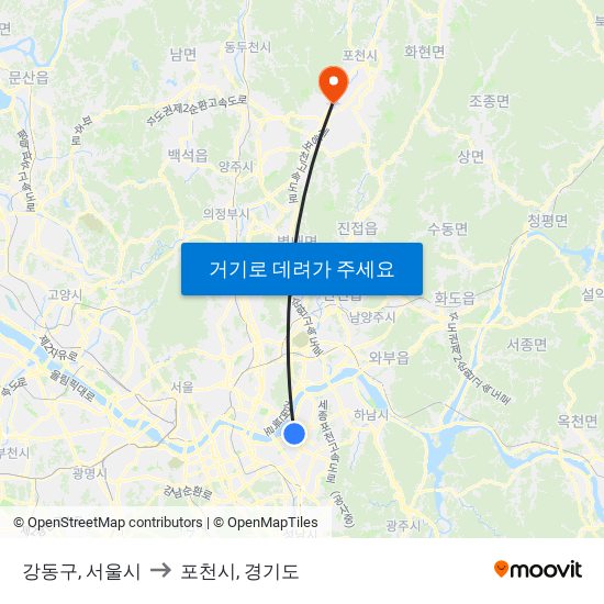 강동구, 서울시 to 포천시, 경기도 map