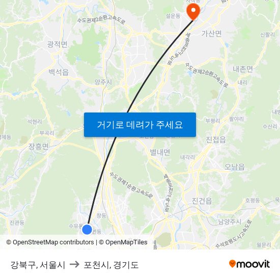 강북구, 서울시 to 포천시, 경기도 map