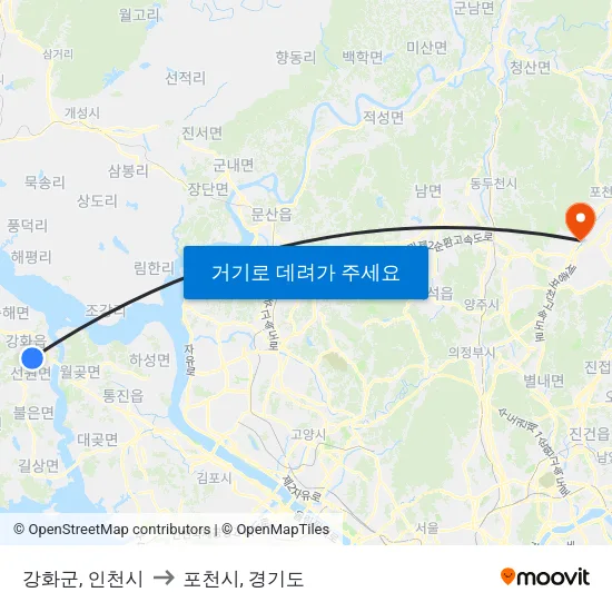 강화군, 인천시 to 포천시, 경기도 map