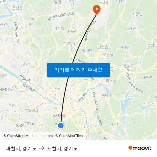 과천시, 경기도 to 포천시, 경기도 map