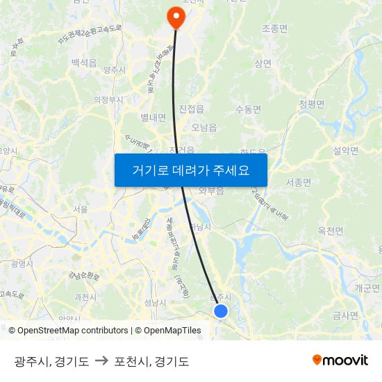 광주시, 경기도 to 포천시, 경기도 map