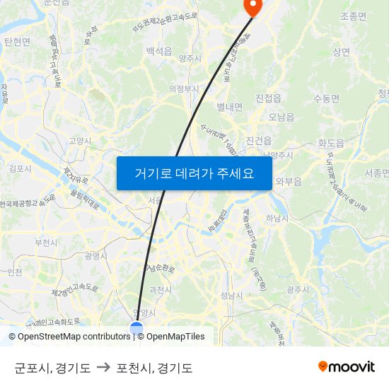 군포시, 경기도 to 포천시, 경기도 map