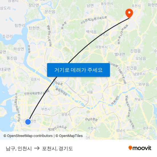 남구, 인천시 to 포천시, 경기도 map