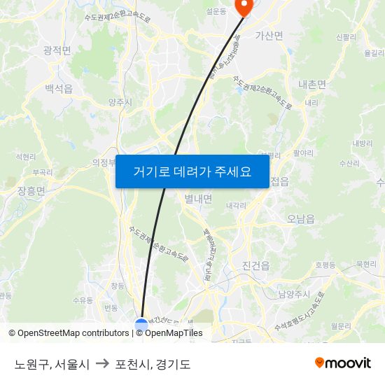 노원구, 서울시 to 포천시, 경기도 map