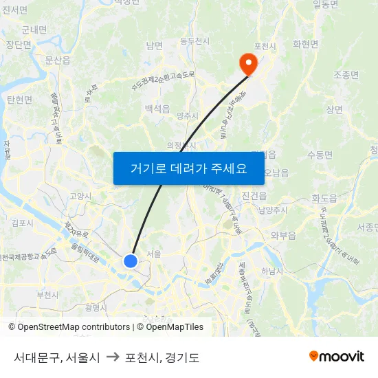서대문구, 서울시 to 포천시, 경기도 map