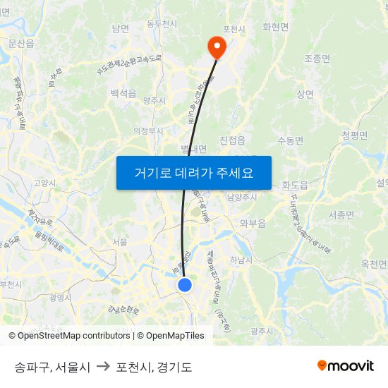 송파구, 서울시 to 포천시, 경기도 map