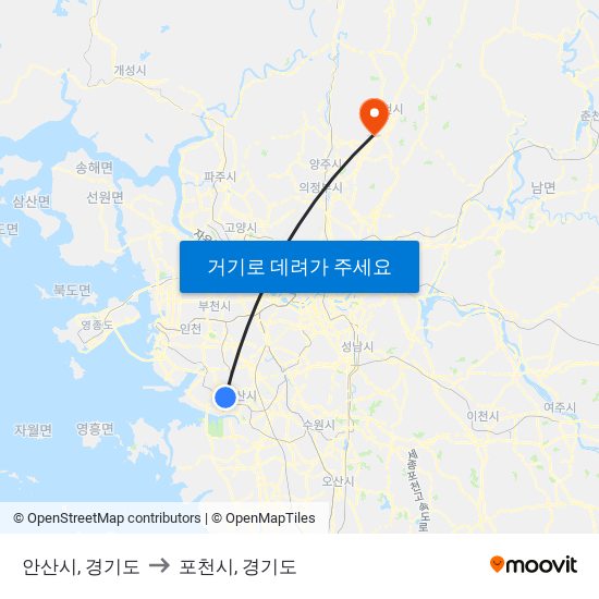 안산시, 경기도 to 포천시, 경기도 map