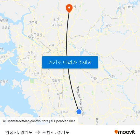 안성시, 경기도 to 포천시, 경기도 map
