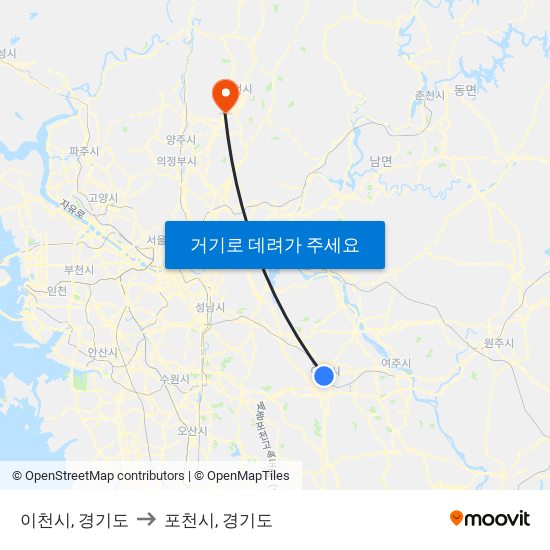 이천시, 경기도 to 포천시, 경기도 map