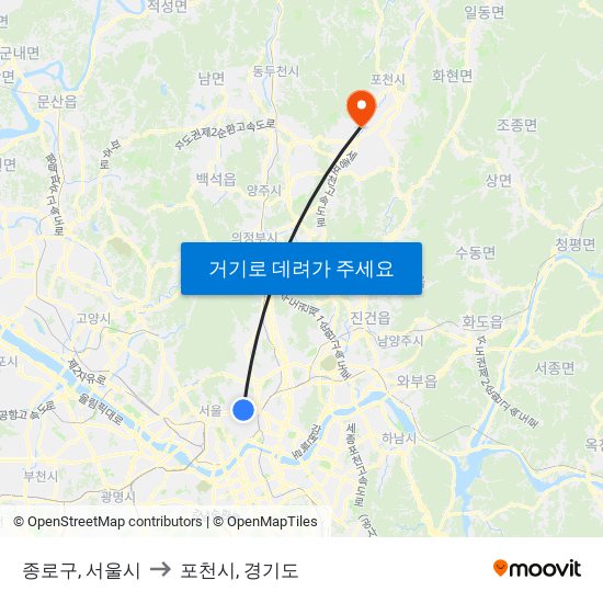 종로구, 서울시 to 포천시, 경기도 map