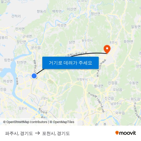 파주시, 경기도 to 포천시, 경기도 map