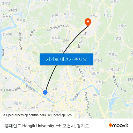 홍대입구 Hongik University to 포천시, 경기도 map