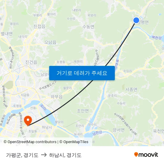 가평군, 경기도 to 하남시, 경기도 map