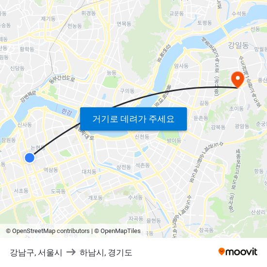 강남구, 서울시 to 하남시, 경기도 map