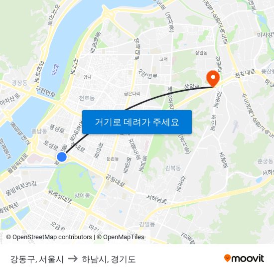 강동구, 서울시 to 하남시, 경기도 map