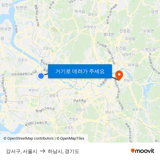강서구, 서울시 to 하남시, 경기도 map