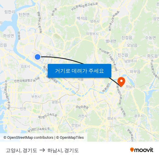 고양시, 경기도 to 하남시, 경기도 map