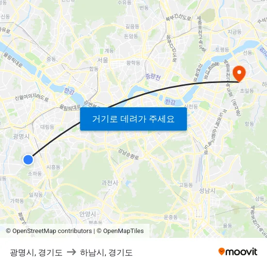 광명시, 경기도 to 하남시, 경기도 map
