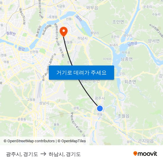 광주시, 경기도 to 하남시, 경기도 map