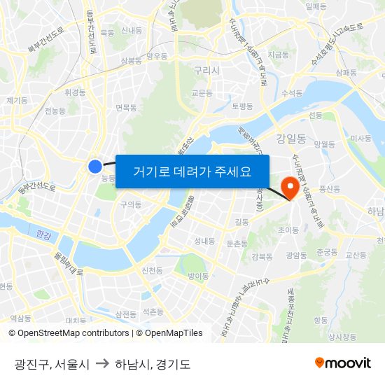 광진구, 서울시 to 하남시, 경기도 map