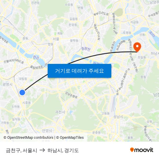 금천구, 서울시 to 하남시, 경기도 map