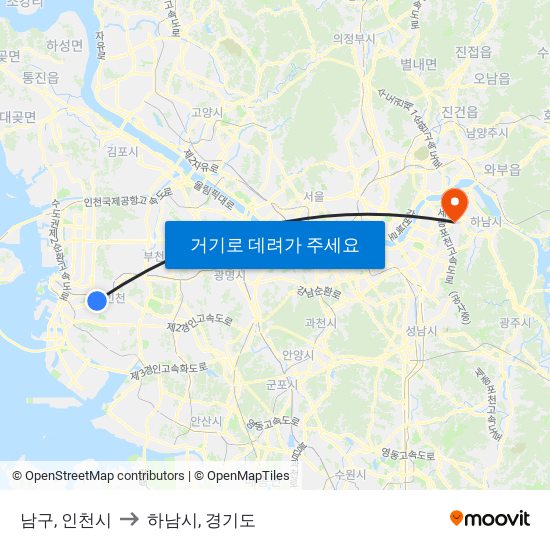 남구, 인천시 to 하남시, 경기도 map