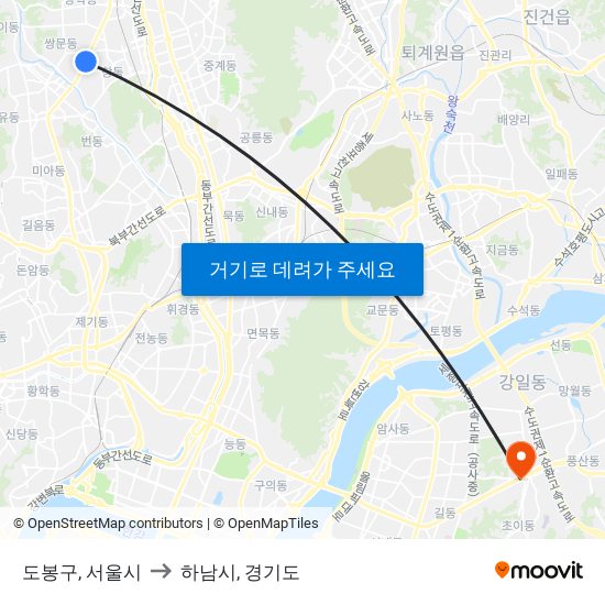 도봉구, 서울시 to 하남시, 경기도 map