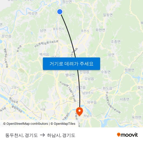 동두천시, 경기도 to 하남시, 경기도 map