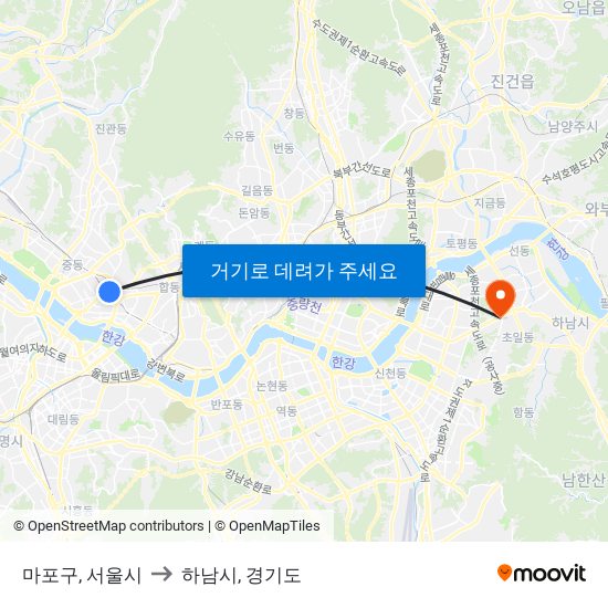 마포구, 서울시 to 하남시, 경기도 map