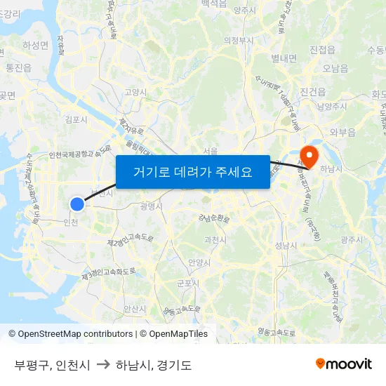 부평구, 인천시 to 하남시, 경기도 map