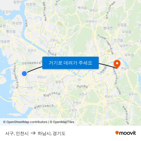 서구, 인천시 to 하남시, 경기도 map