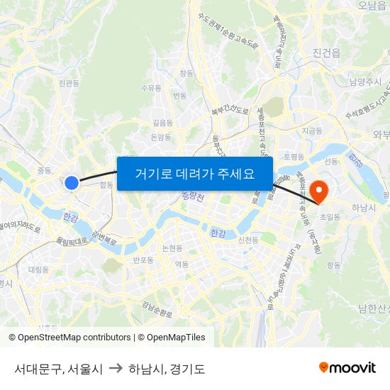 서대문구, 서울시 to 하남시, 경기도 map
