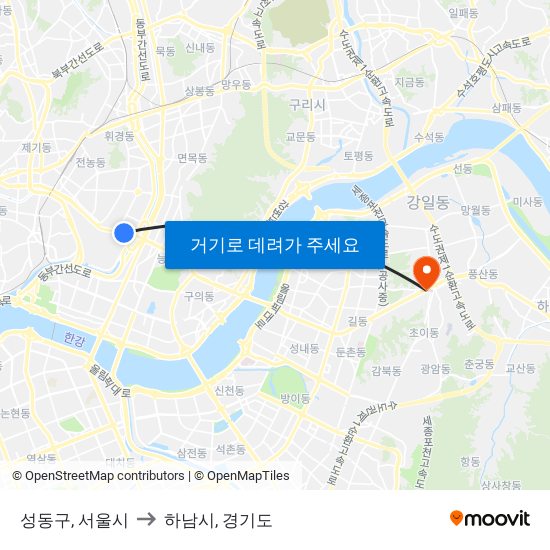 성동구, 서울시 to 하남시, 경기도 map