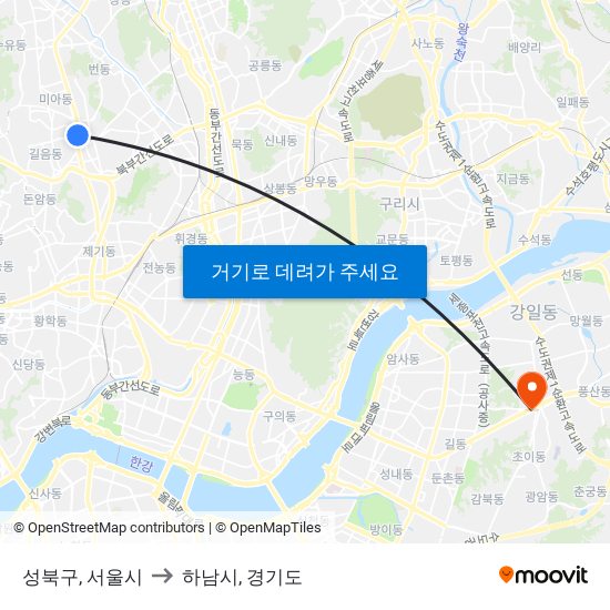 성북구, 서울시 to 하남시, 경기도 map