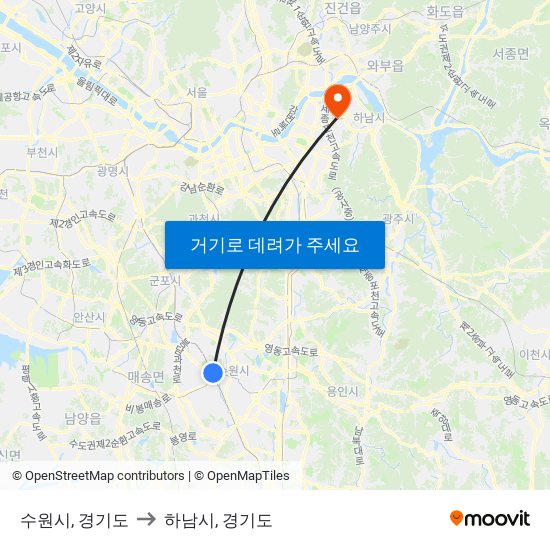 수원시, 경기도 to 하남시, 경기도 map