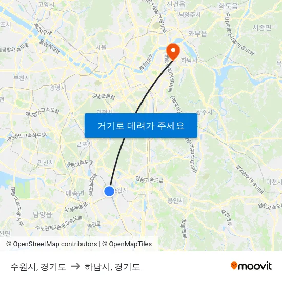 수원시, 경기도 to 하남시, 경기도 map