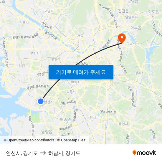 안산시, 경기도 to 하남시, 경기도 map