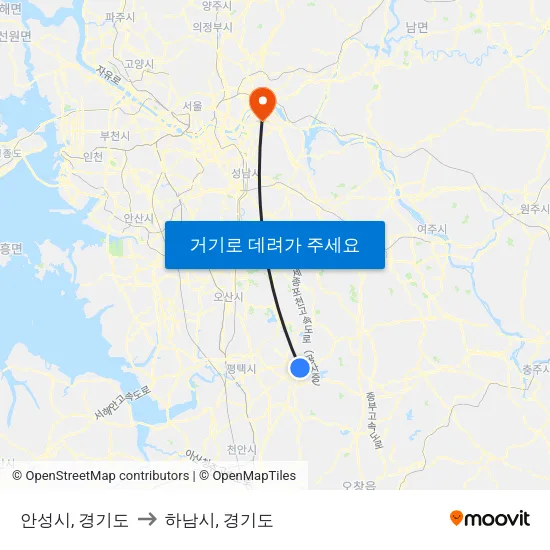 안성시, 경기도 to 하남시, 경기도 map