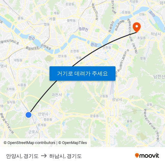 안양시, 경기도 to 하남시, 경기도 map