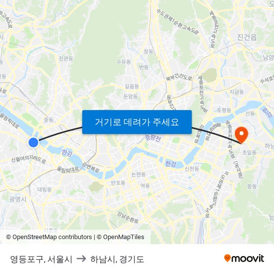 영등포구, 서울시 to 하남시, 경기도 map