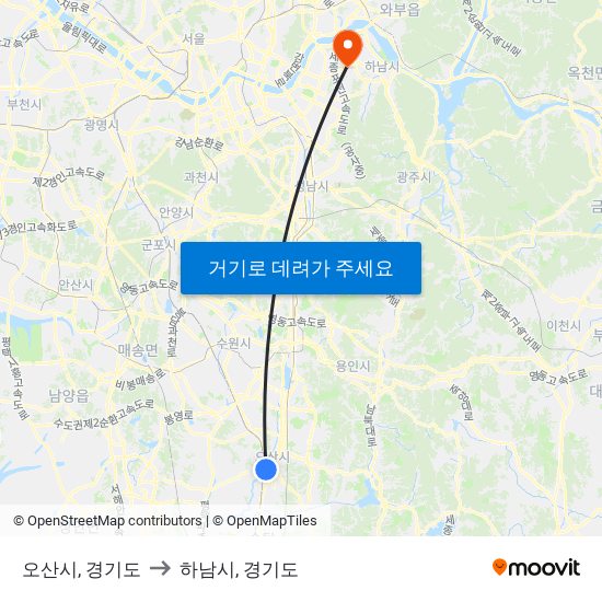 오산시, 경기도 to 하남시, 경기도 map