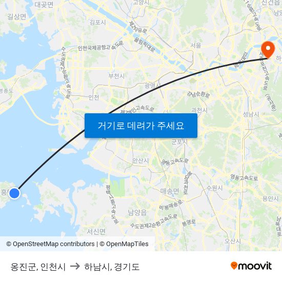 옹진군, 인천시 to 하남시, 경기도 map