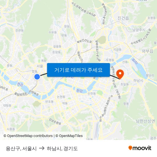 용산구, 서울시 to 하남시, 경기도 map