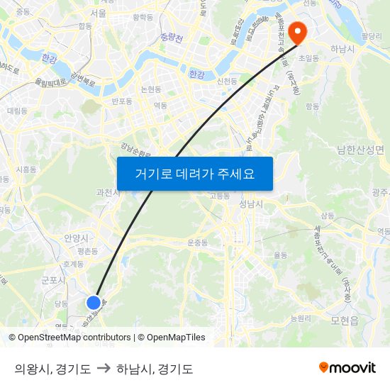 의왕시, 경기도 to 하남시, 경기도 map